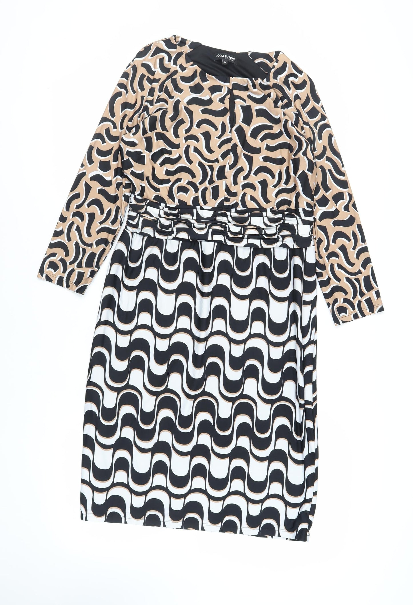 Debenhams Womens Black Geometric Polyester Pencil Dress Size 14 Round Neck Pullover - Keyhole Neckline