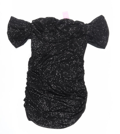 PRETTYLITTLETHING Womens Black Polyester Mini Size 20 Off the Shoulder Zip - Ruched Sequin