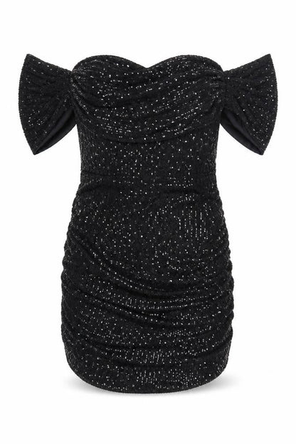 PRETTYLITTLETHING Womens Black Polyester Mini Size 20 Off the Shoulder Zip - Ruched Sequin