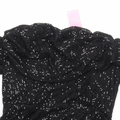 PRETTYLITTLETHING Womens Black Polyester Mini Size 20 Off the Shoulder Zip - Ruched Sequin