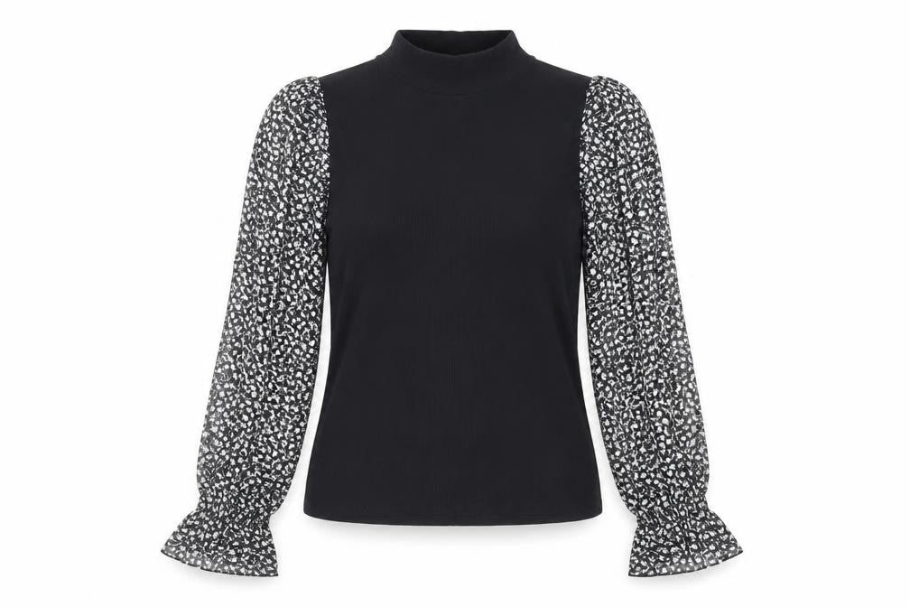 Zara Womens Black Floral Polyester Basic Blouse Size L Mock Neck - Sheer Sleeves