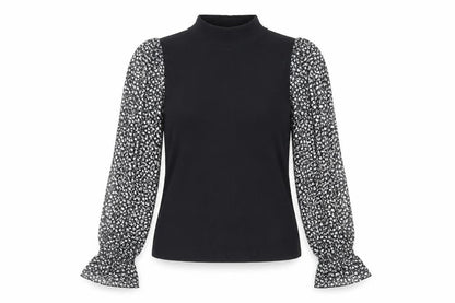 Zara Womens Black Floral Polyester Basic Blouse Size L Mock Neck - Sheer Sleeves