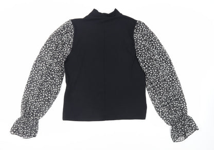 Zara Womens Black Floral Polyester Basic Blouse Size L Mock Neck - Sheer Sleeves