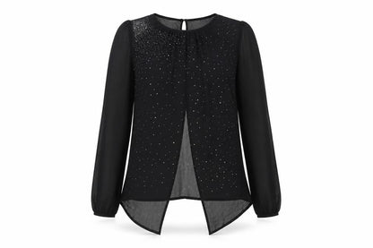 Next Womens Black Polyester Basic Blouse Size 10 Round Neck - Rhinestone Sheer
