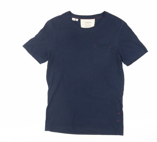 Selected Homme Mens Blue Cotton T-Shirt Size XS Crew Neck - Pocket Detail