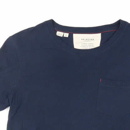 Selected Homme Mens Blue Cotton T-Shirt Size XS Crew Neck - Pocket Detail