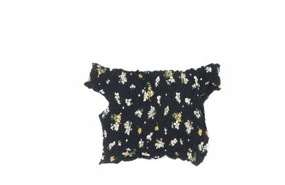 Miss Selfridge Womens Black Floral Cotton Cropped Tank Size 8 Off the Shoulder - Shirred