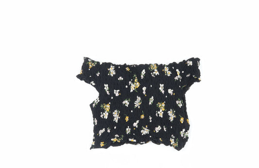 Miss Selfridge Womens Black Floral Cotton Cropped Tank Size 8 Off the Shoulder - Shirred