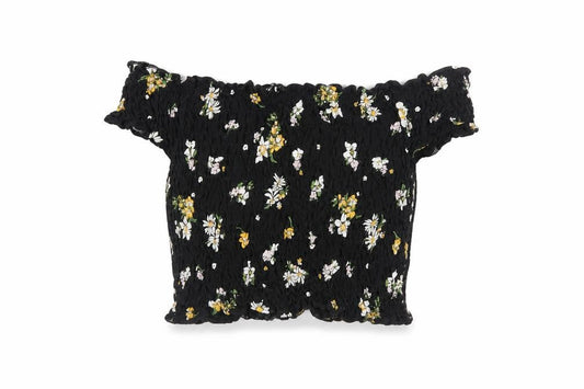 Front view of Miss Selfridge women’s black floral cotton cropped tank, size UK 8, off the shoulder - shirred