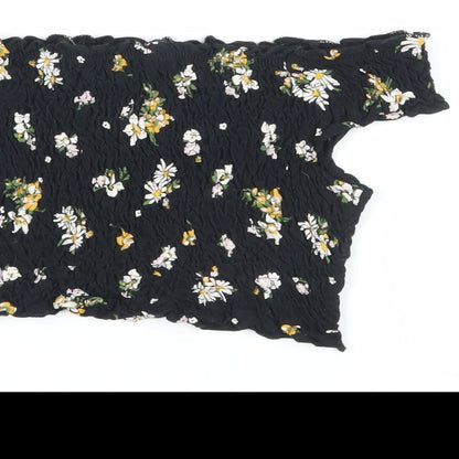 Miss Selfridge Womens Black Floral Cotton Cropped Tank Size 8 Off the Shoulder - Shirred