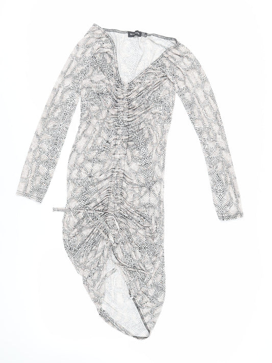 PRETTYLITTLETHING Womens Ivory Animal Print Polyester Bodycon Size 10 V-Neck Pullover - Ruched