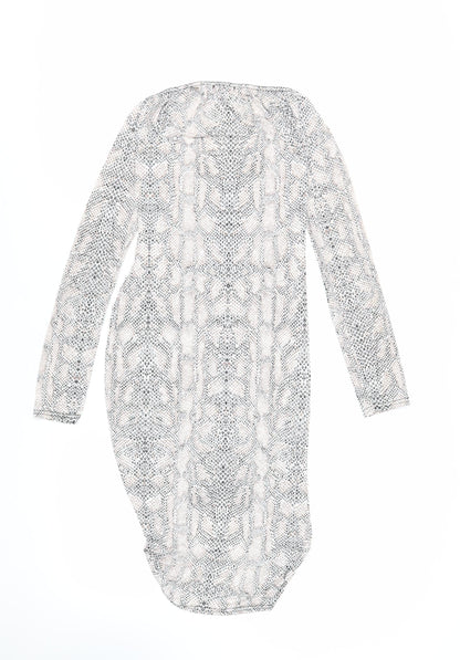 PRETTYLITTLETHING Womens Ivory Animal Print Polyester Bodycon Size 10 V-Neck Pullover - Ruched