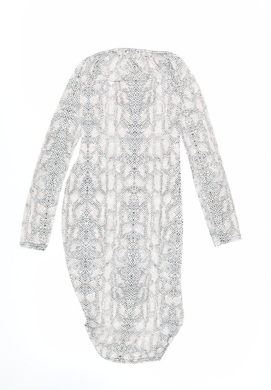 PRETTYLITTLETHING Womens Ivory Animal Print Polyester Bodycon Size 10 V-Neck Pullover - Ruched