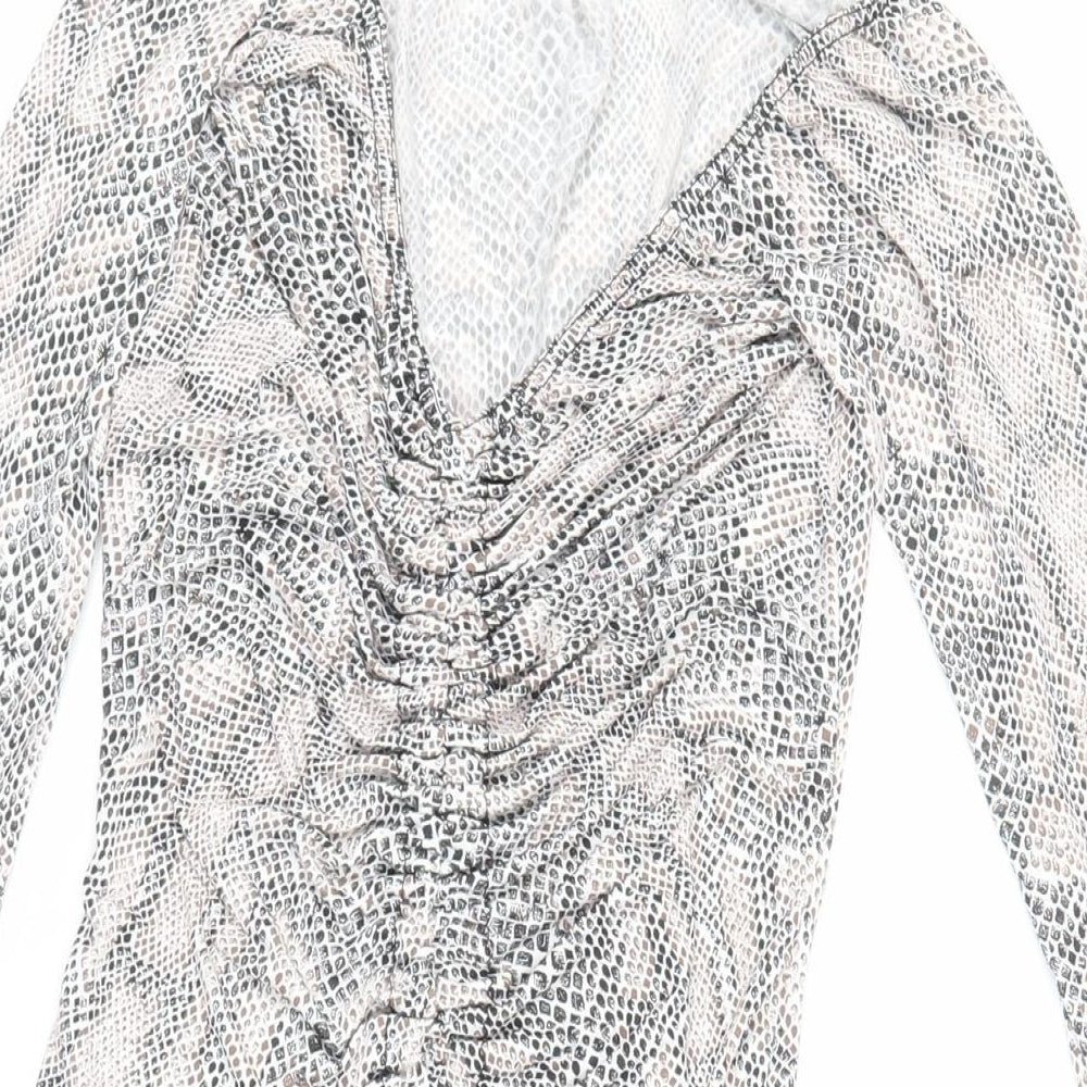 PRETTYLITTLETHING Womens Ivory Animal Print Polyester Bodycon Size 10 V-Neck Pullover - Ruched