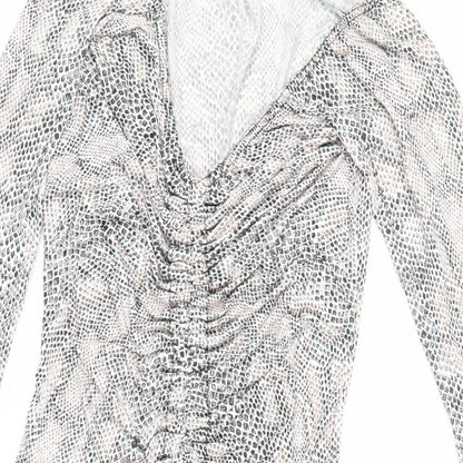 PRETTYLITTLETHING Womens Ivory Animal Print Polyester Bodycon Size 10 V-Neck Pullover - Ruched