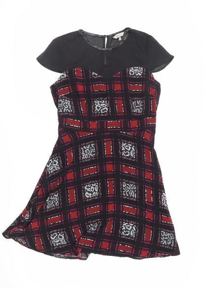 Marks and Spencer Womens Black Geometric Polyester A-Line Size 10 Round Neck Zip - Lined