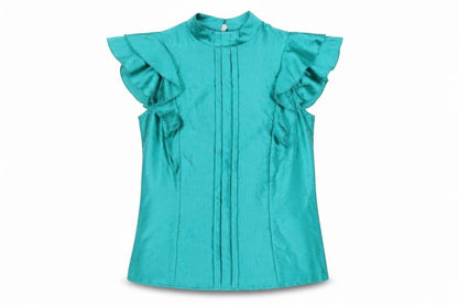 Marks & Spencer Womens Green Polyester Basic Blouse Size 12 Mock Neck - Ruffle