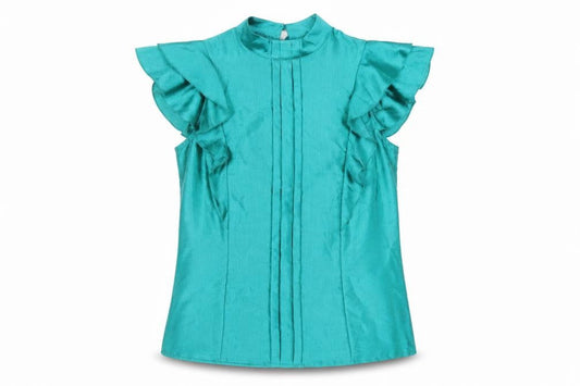 Marks & Spencer Womens Green Polyester Basic Blouse Size 12 Mock Neck - Ruffle