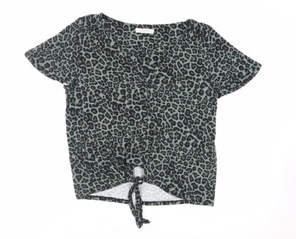 Oasis Womens Green Animal Print Viscose Basic Button-Up Size M V-Neck - Tie Front