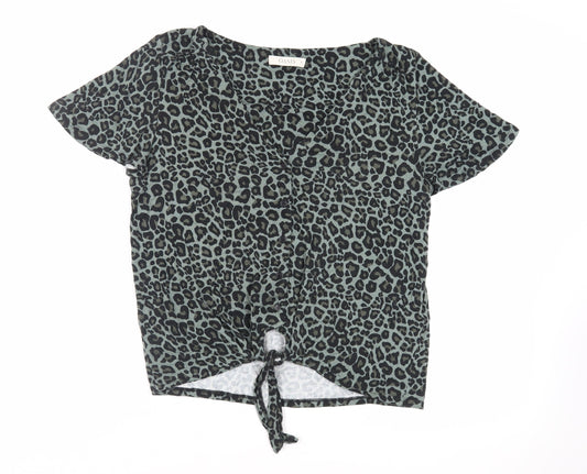 Oasis Womens Green Animal Print Viscose Basic Button-Up Size M V-Neck - Tie Front