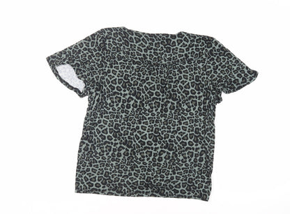 Oasis Womens Green Animal Print Viscose Basic Button-Up Size M V-Neck - Tie Front