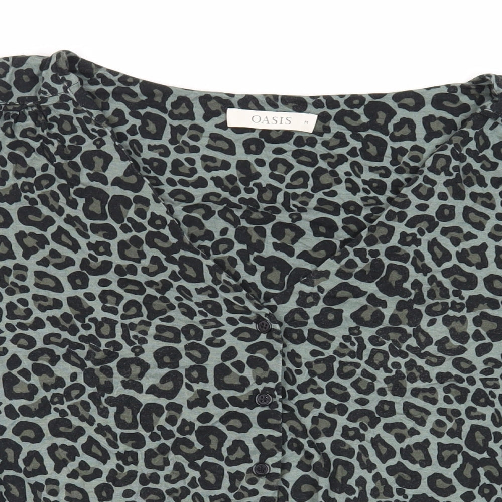 Oasis Womens Green Animal Print Viscose Basic Button-Up Size M V-Neck - Tie Front