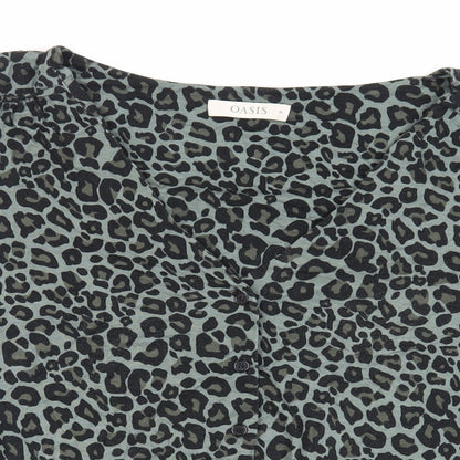 Oasis Womens Green Animal Print Viscose Basic Button-Up Size M V-Neck - Tie Front