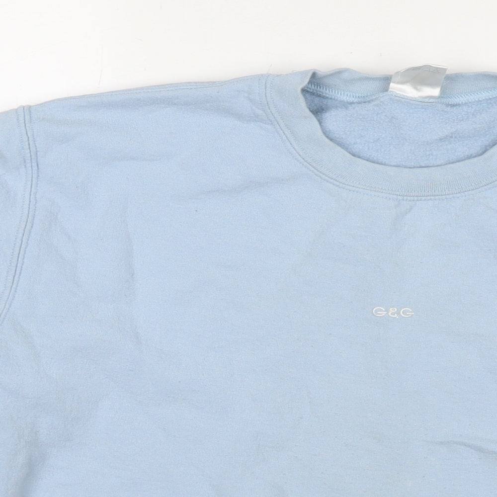 Close-up detail of G&G women’s blue polyester pullover sweatshirt, size S, pullover
