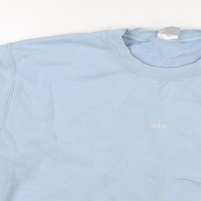 Close-up detail of G&G women’s blue polyester pullover sweatshirt, size S, pullover
