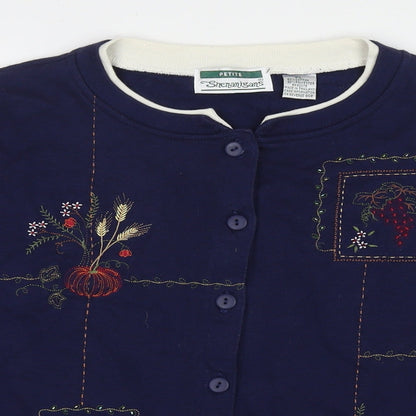 Snenanigans Womens Blue Cotton Full Zip Sweatshirt Size L Snap - Embraided Pumpkins