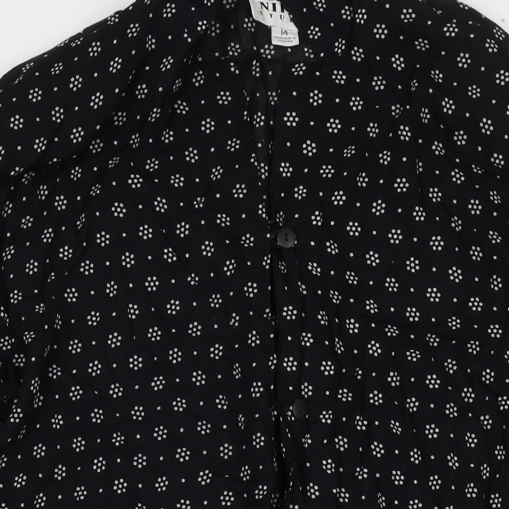 Nipon Studios Womens Black Geometric Polyester Shirt Dress Size 14 V-Neck Button - Side Slit(s)