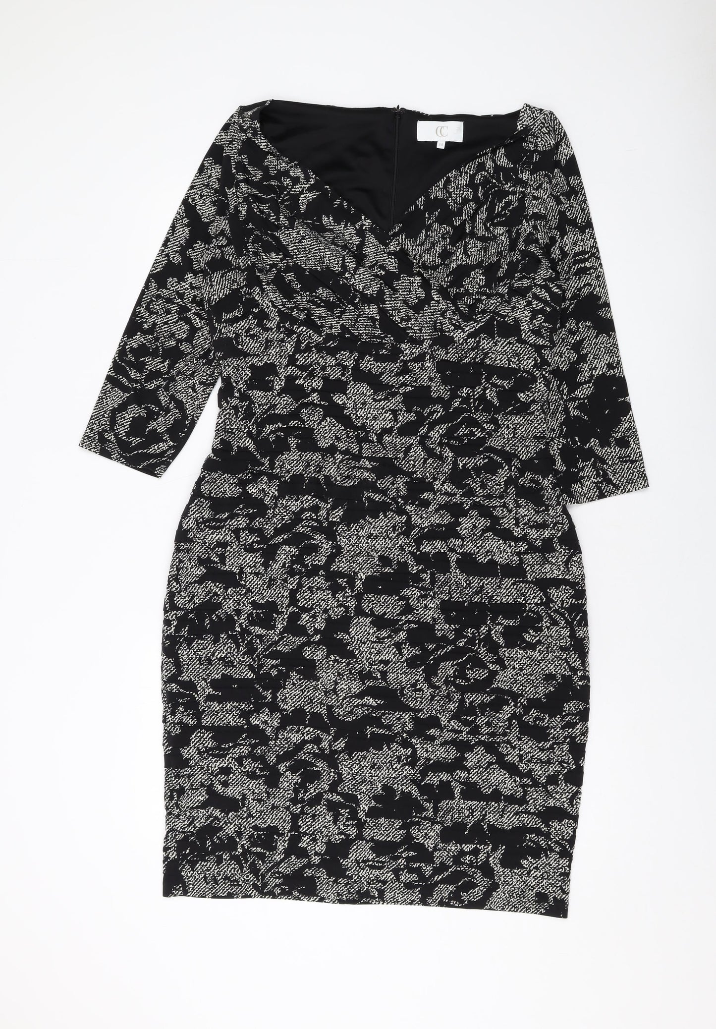 cc Womens Black Geometric Polyester Bodycon Size 14 V-Neck Zip