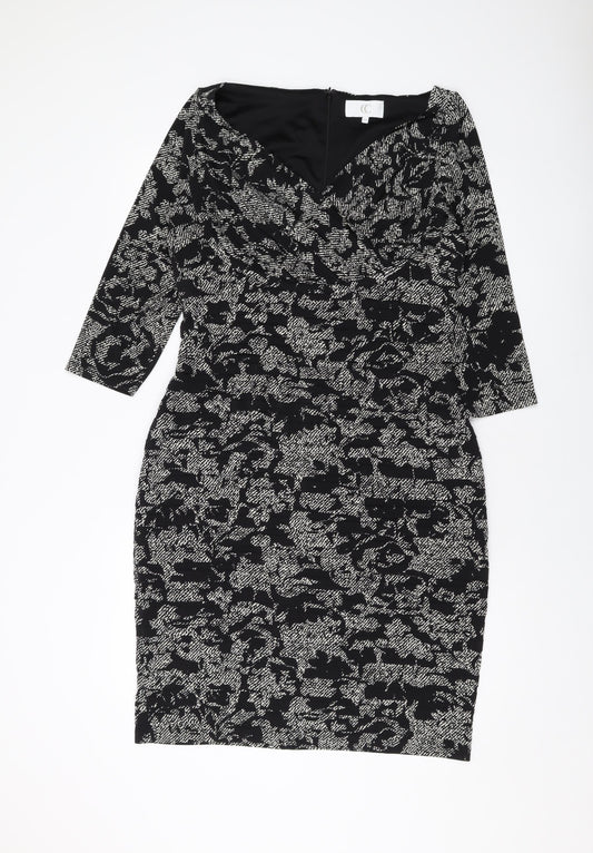 cc Womens Black Geometric Polyester Bodycon Size 14 V-Neck Zip