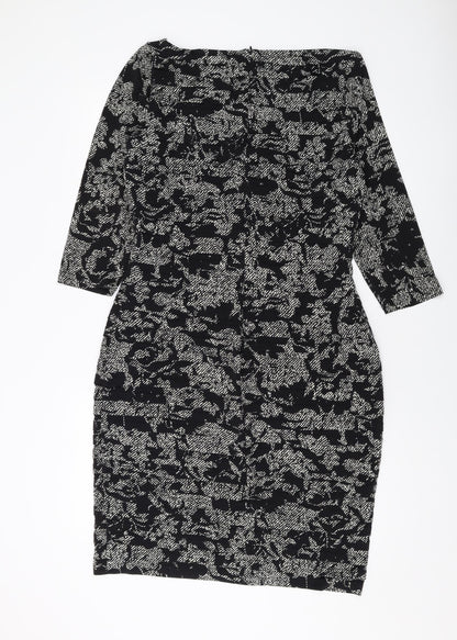 cc Womens Black Geometric Polyester Bodycon Size 14 V-Neck Zip