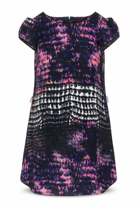 Front view of Miss Selfridge women’s black geometric polyester tank dress, size UK 12, round neck zip
