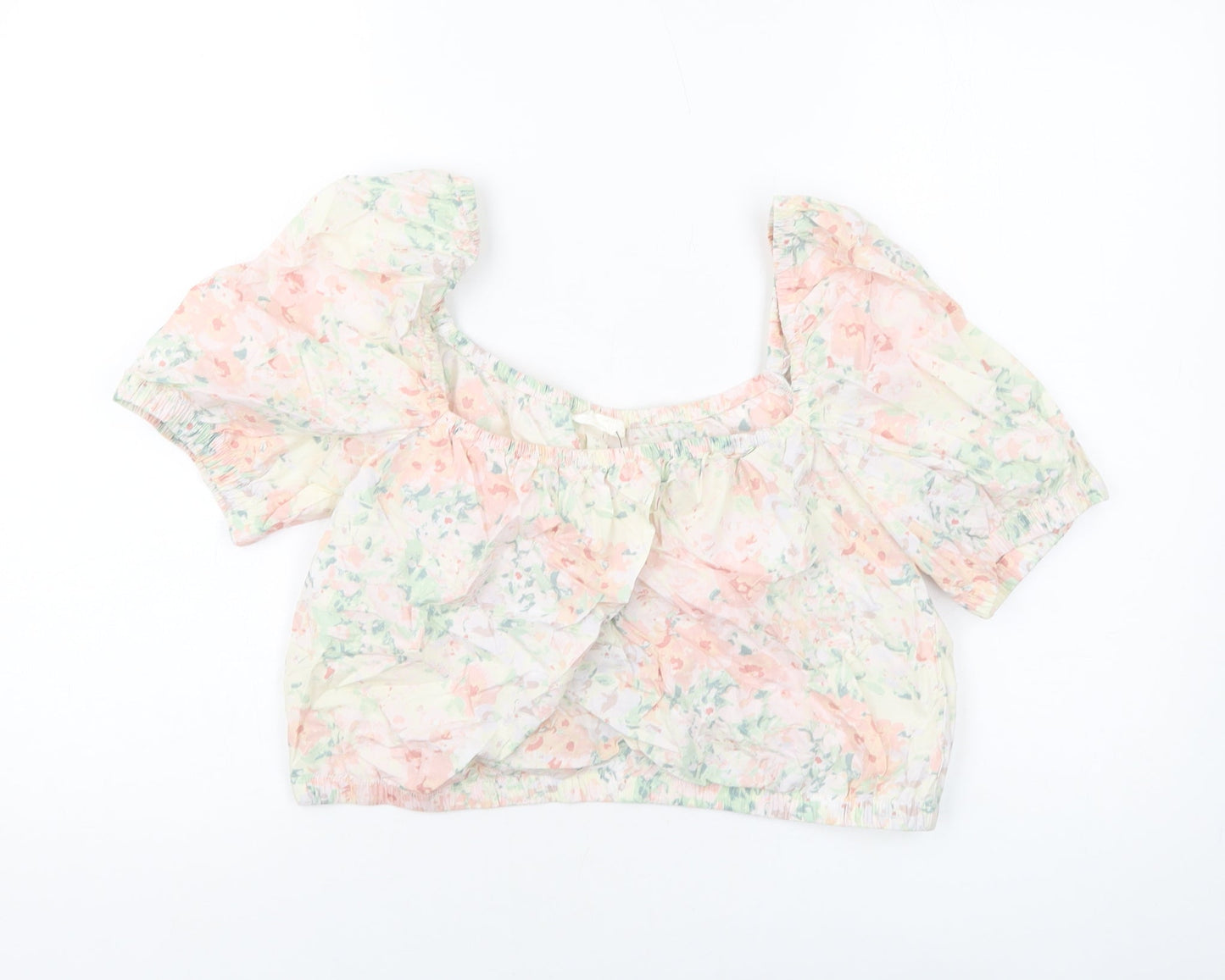 H&KM Womens Multicoloured Floral Cotton Cropped Blouse Size M Square Neck