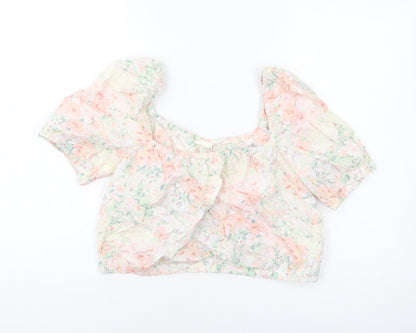 H&KM Womens Multicoloured Floral Cotton Cropped Blouse Size M Square Neck