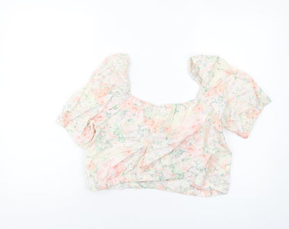 H&KM Womens Multicoloured Floral Cotton Cropped Blouse Size M Square Neck