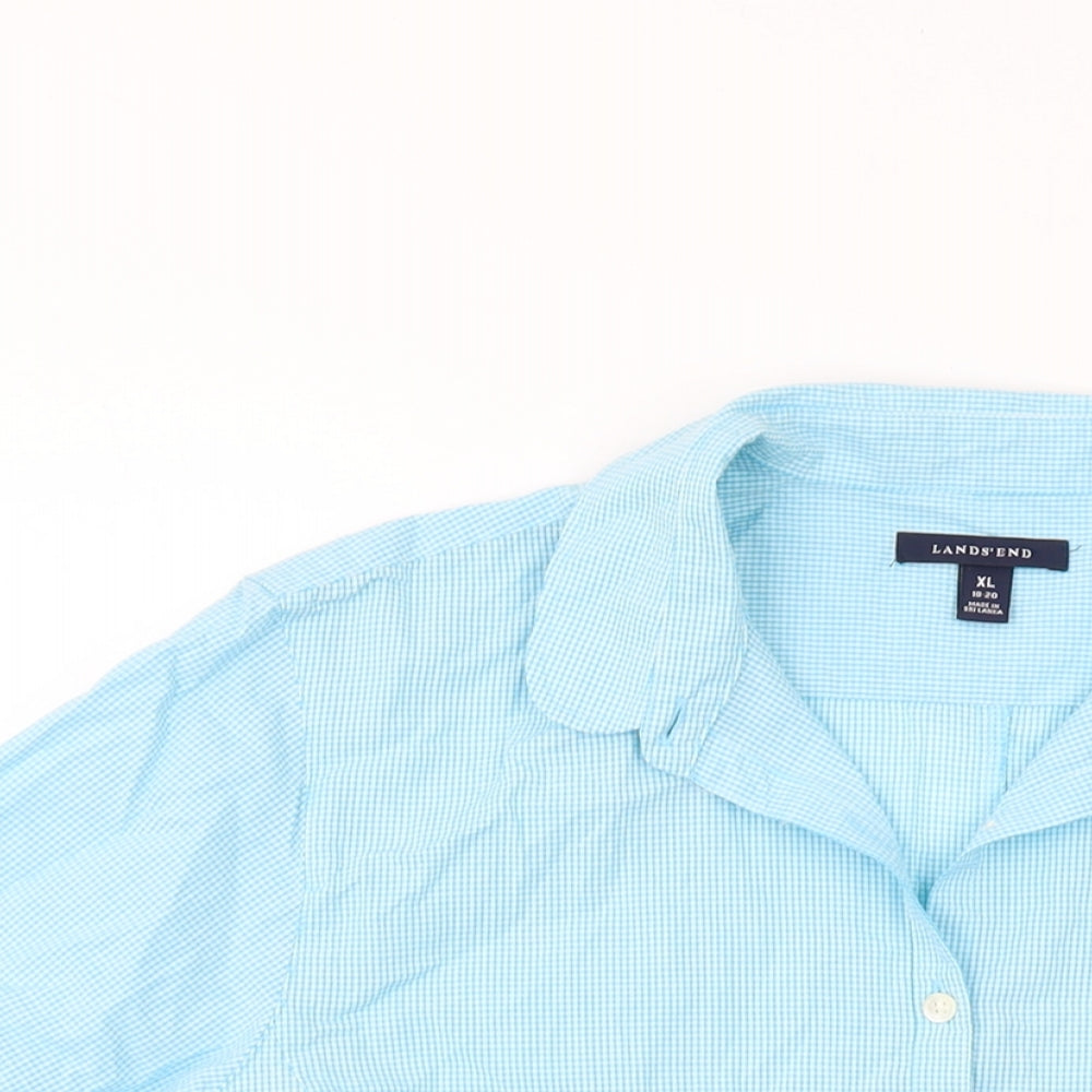 Lands' End Womens Blue Check Cotton Basic Button-Up Size 18 Collared