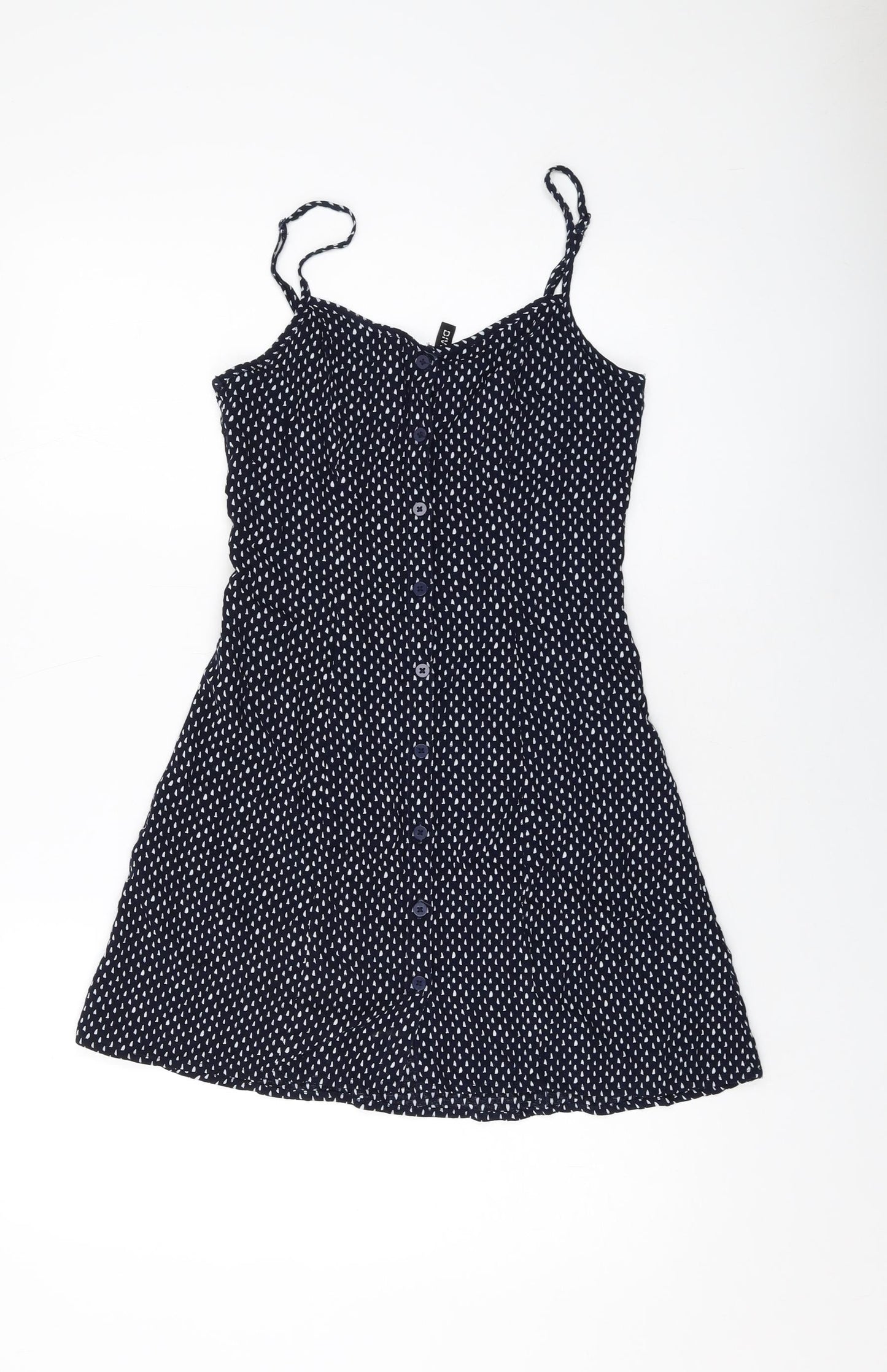 H&M Womens Blue Geometric Viscose Mini Size 8 Round Neck Button