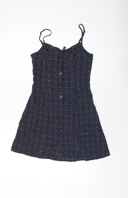 H&M Womens Blue Geometric Viscose Mini Size 8 Round Neck Button