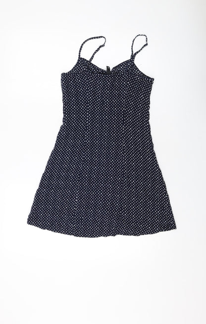 H&M Womens Blue Geometric Viscose Mini Size 8 Round Neck Button
