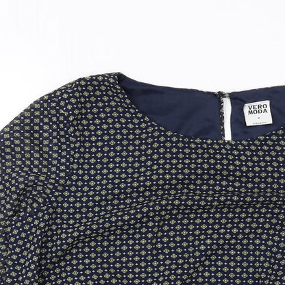 VERO MODA Womens Blue Geometric Polyester Basic Blouse Size M Round Neck