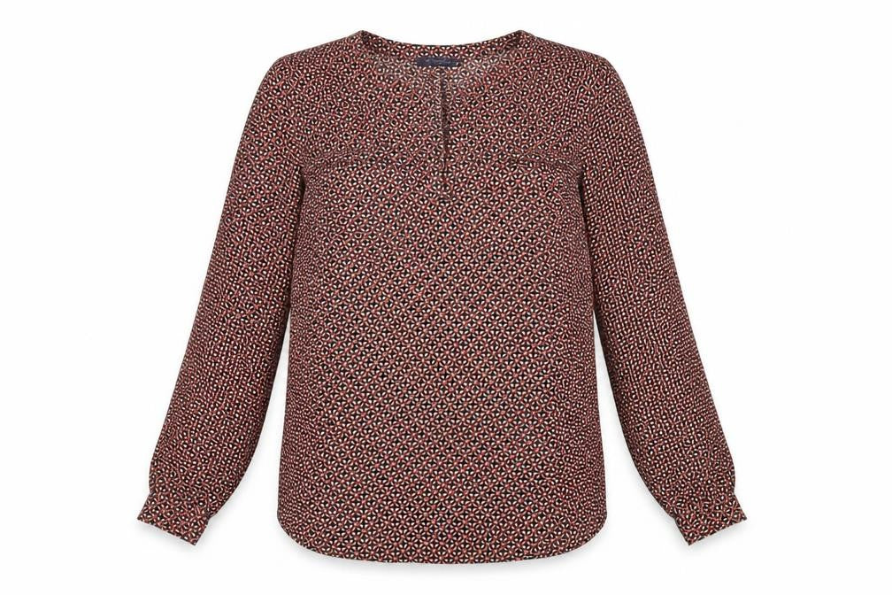 Marks & Spencer Womens Red Geometric Polyester Basic Blouse Size 12 V-Neck