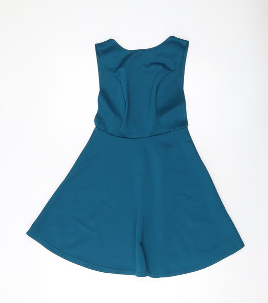 Boohoo Womens Blue Polyester Skater Dress Size 10 Round Neck Pullover