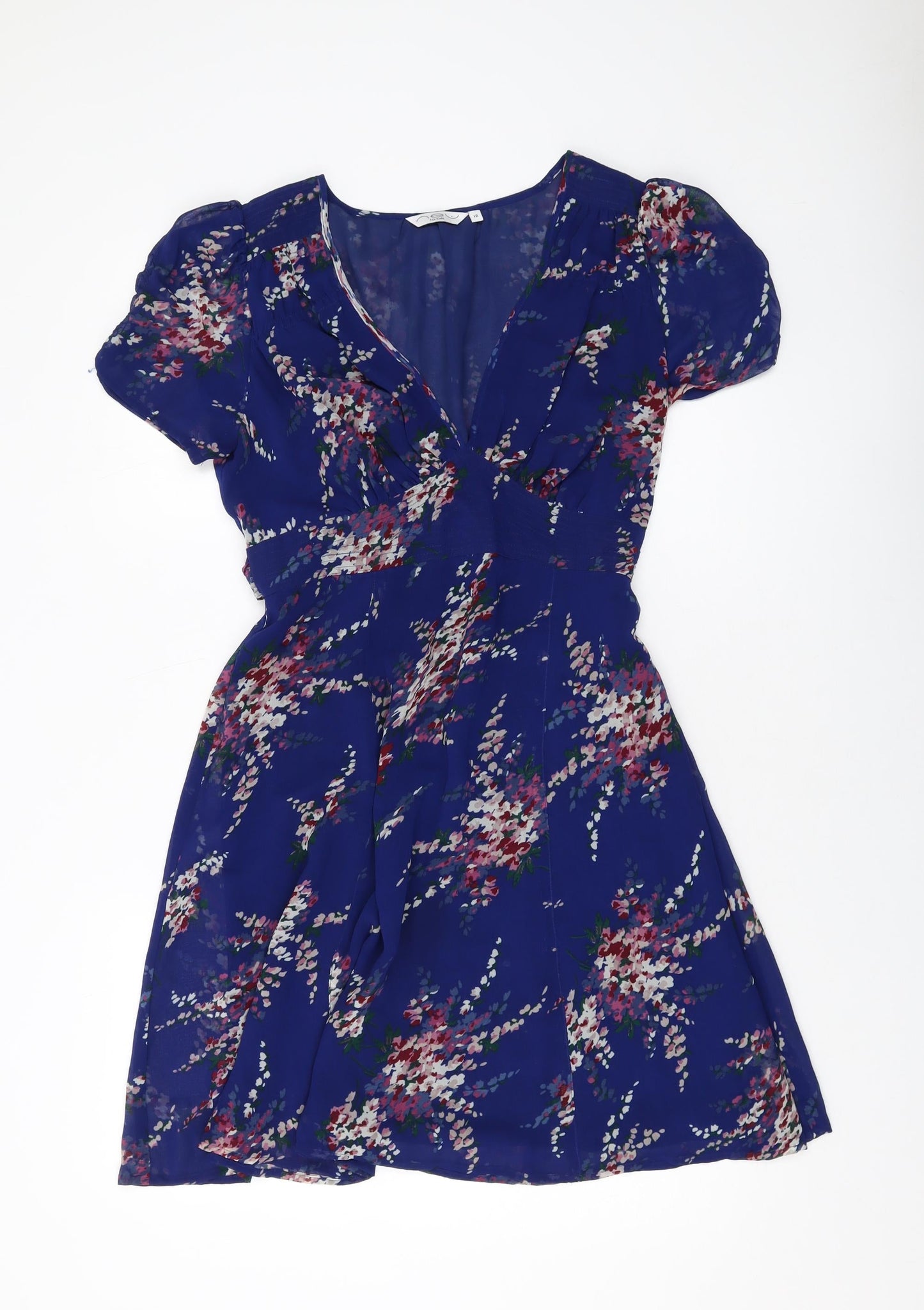 New Look Womens Blue Floral Polyester A-Line Size 12 V-Neck Zip