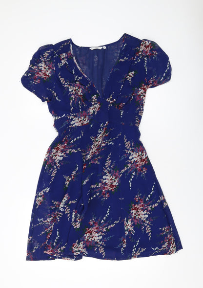 New Look Womens Blue Floral Polyester A-Line Size 12 V-Neck Zip