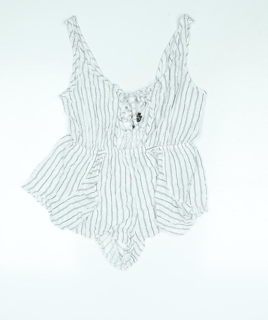 New Look Womens White Striped Viscose Playsuit One-Piece Size 14 Tie