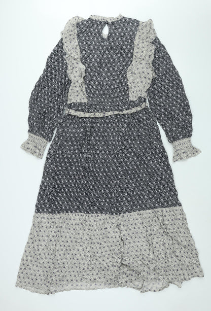 Marks and Spencer Womens Black Geometric Viscose Shift Size 12 Mock Neck Button - Frill Belted