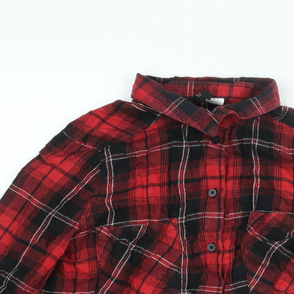 Divided by H&M Womens Red Check Cotton Basic Button-Up Size 10 Collared